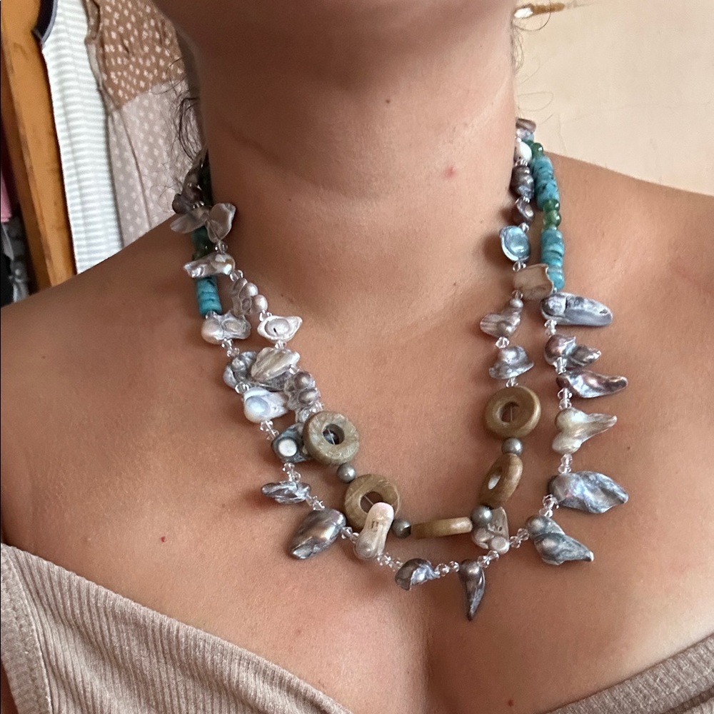 Handcrafted Pearl & Turquoise Beaded Statement Necklace